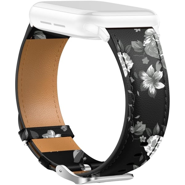 Læderrem Apple Watch Series 10 46mm Spids halerem Sølvspænde - Sort / Grå Blomster