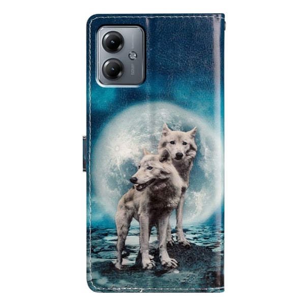 Motorola Moto G54 5G Case Vegan Leather Pattern Printing Stand Protective Phone Cover - Two Wolves