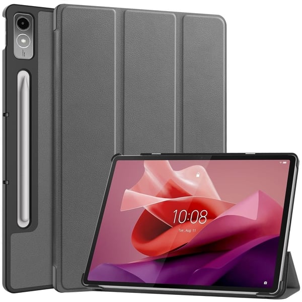 Vegansk læderetui til tablet Lenovo Tab P12, Tri-fold Stander Full Protection Tablet Cover - Grå