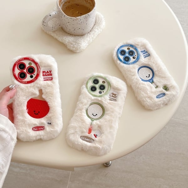 iPhone 16 Pro Max Case Cute Racket Pattern Furry Flexible Warm Phone Cover - Badminton Racket