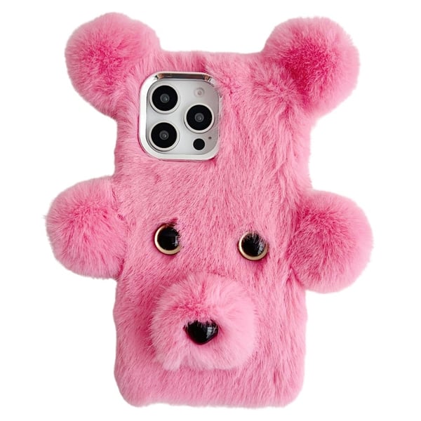 iPhone 16 Pro Case 3D Bear Faux Fur Fluffy Inner Flexible Phone Cover - Pink