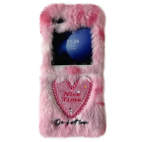 KJS-013 Samsung Galaxy Z Flip6 5G Asia Glitter Heart Kova Bump Resistant Lämmin Plush Phone Cover - Pinkki