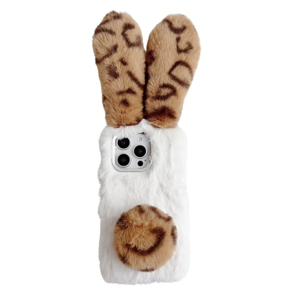 iPhone 16 Pro Max Case Fluffy Leopard Splicing Bunny Plush Flexible Phone Cover - Brown