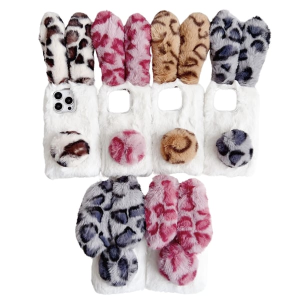 iPhone 16 Pro Max Case Fluffy Leopard Splicing Bunny Plush Flexible Phone Cover - Brown
