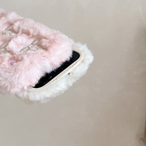iPhone 15 Case 3D Bow Design Pearl Accents Fuzzy Winter Flexible Phone Cover - Pink