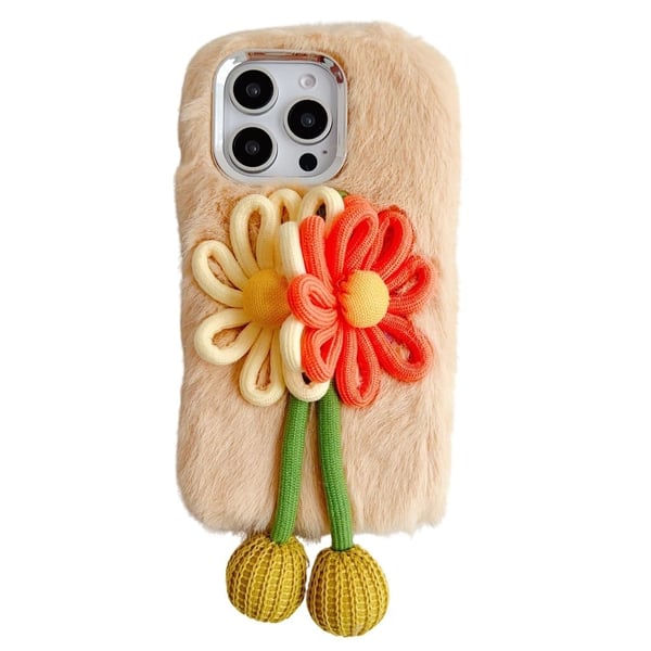 iPhone 16 Pro Max Case Two Flowers Decor Outer Fluffy Plush Inner Flexible Phone Cover - Beige