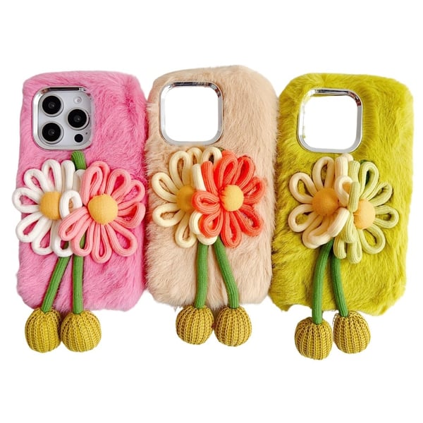 iPhone 16 Pro Max Case Two Flowers Decor Outer Fluffy Plush Inner Flexible Phone Cover - Beige