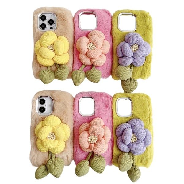 iPhone 16 Pro Plush Phone Case 3D Flower Decor Fluffy Flexible Back Cover - Green