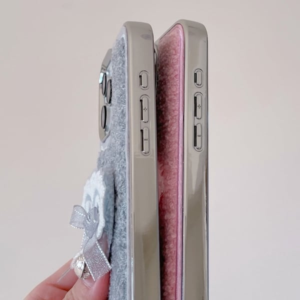 iPhone 15 Pro Max Case 3D Lace Heart Towel Felt Texture Flexible Electroplating Phone Cover - Pink