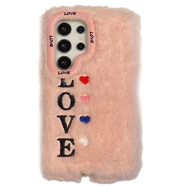 KJS-002 Samsung Galaxy S24 Ultra Case Lens Kickstand Embroidered LOVE Fluffy Flexible Phone Cover - Pink KJS-002 Samsung Galaxy S24 Ultra Case Lens Kickstand Embroidered LOVE Fluffy Flexible Phone Cover - Pink