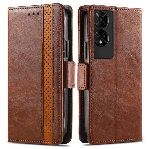 CASENEO 002 Series TCL 50 5G Case Stand Wallet Splicing Vegan Leather Cover - Dark Brown
