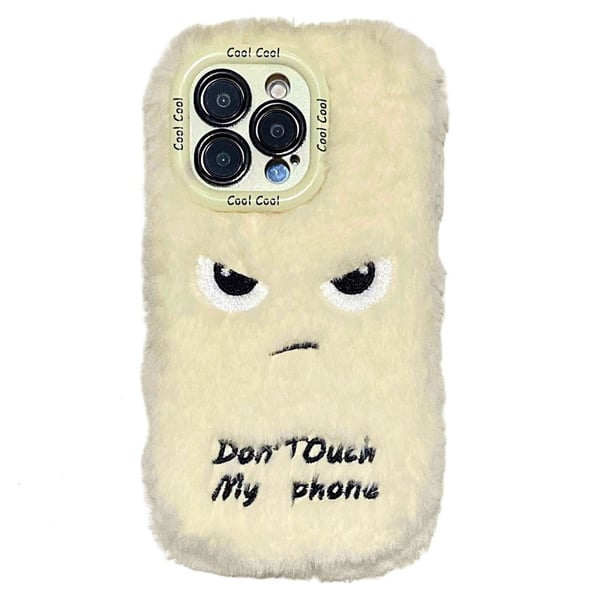 KJS-020 iPhone 15 Pro Max Case Lens Kickstand Humorous Face Warm Fluffy Flexible Phone Cover - White