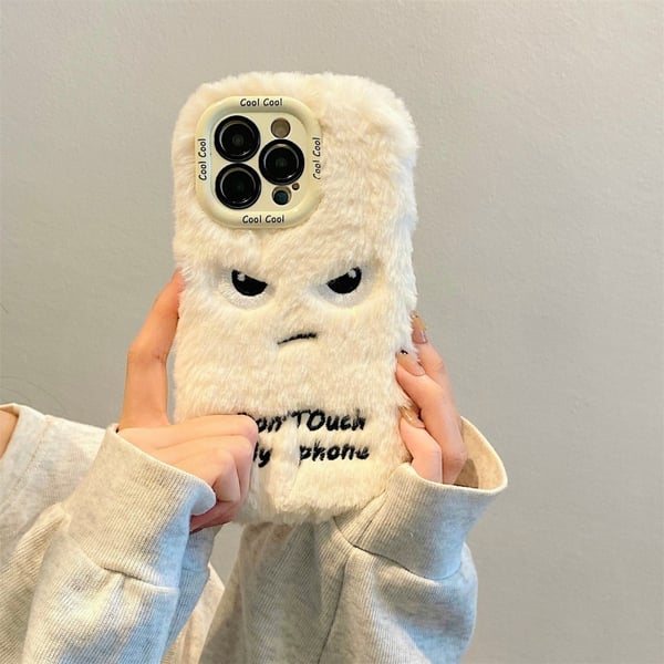 KJS-020 iPhone 15 Pro Max Case Lens Kickstand Humorous Face Warm Fluffy Flexible Phone Cover - White