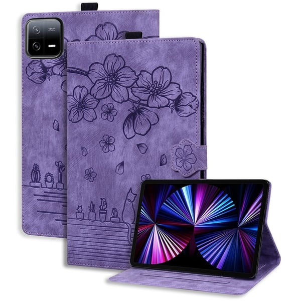 Xiaomi Pad 7 Case Flip Stand Leather Phone Cover Cherry Blossom Cat Imprinted - Purple