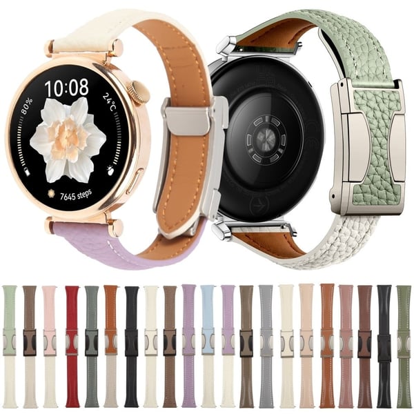 20mm Genuine Cow Leather Strap Samsung Galaxy Watch7 44mm / 40mm / Huawei Watch GT 3 42mm Litchi Texture Magnetic Watch Band - Tan+Light Grey