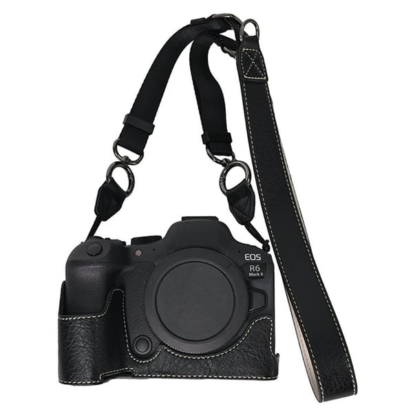 Canon EOS R6 Mark II / R6 / R5 Camera Case with Shoulder Strap Large Cutout Litchi Texture PU Protective Cover - Black