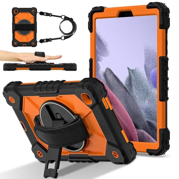 Samsung Galaxy Tab A7 Lite 8.7-inch T225 / T220 Case Silicone and Bump Resistant Kickstand Tablet Cover with Handy Strap, Shoulder Strap - Black / Ora Samsung Galaxy Tab A7 Lite 8.7-inch T225 / T220 Case Silicone and Bump Resistant Kickstand Tablet Cover with Handy Strap, Shoulder Strap - Black / Ora