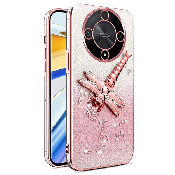 KADEM Case Honor X9b 5G / X50 5G / Magic6 Lite 5G Dragonfly Kickstand Flexible Flowers Glitter Phone Cover - Pink