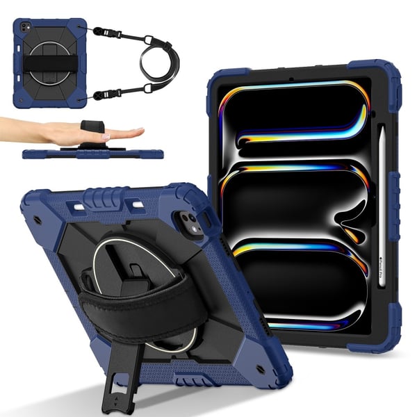 iPad Pro 13 (2024) Case Silicone and Bump Resistant Kickstand Tablet Cover with Handy Strap, Shoulder Strap - Navy Blue / Black