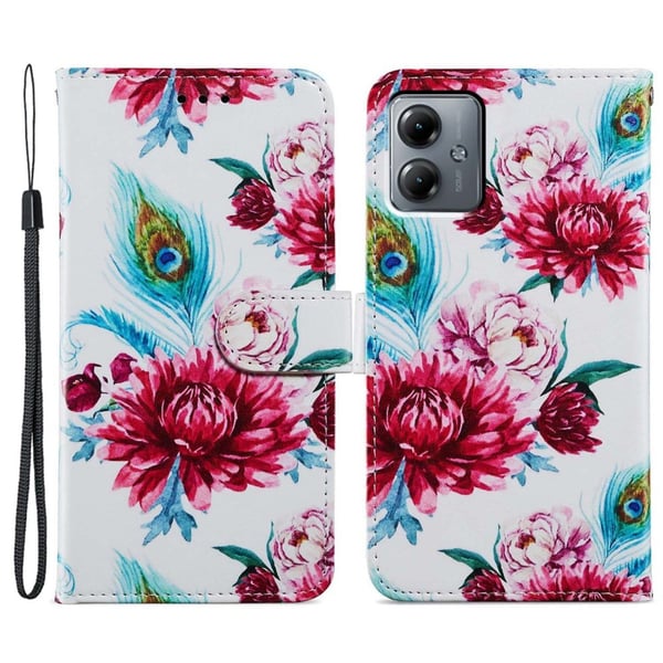 Motorola Moto G54 5G Case Vegan Leather Pattern Printing Stand Protective Phone Cover - Peacock Flower