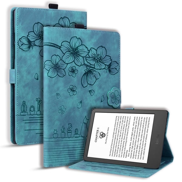 Amazon Kindle Paperwhite (2024) Case Flip Stand Leather Tablet Cover Cherry Blossom Cat Imprinted - Green
