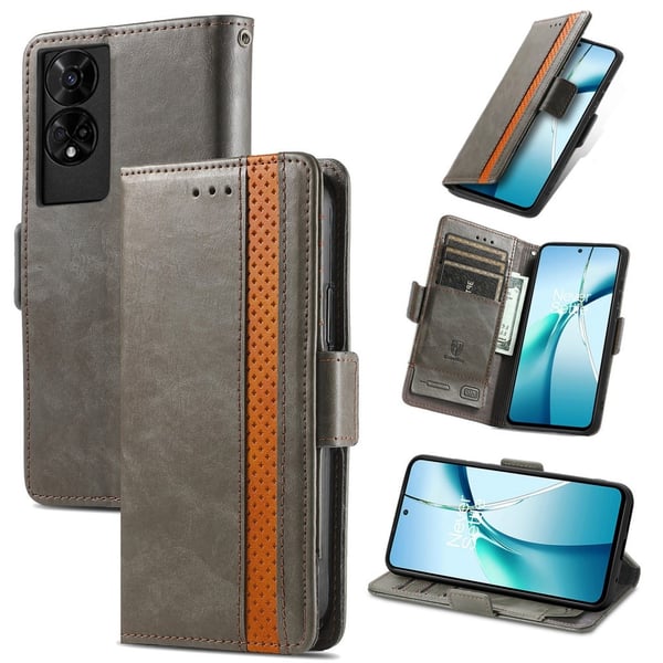 CASENEO 002 Series TCL 50 5G Case Stand Wallet Splicing Vegan Leather Cover - Grey
