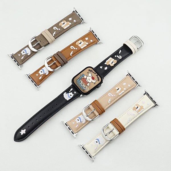 Leather Strap Apple Watch Series 10 42mm Cat Embroidery Adjustable Band - Brown
