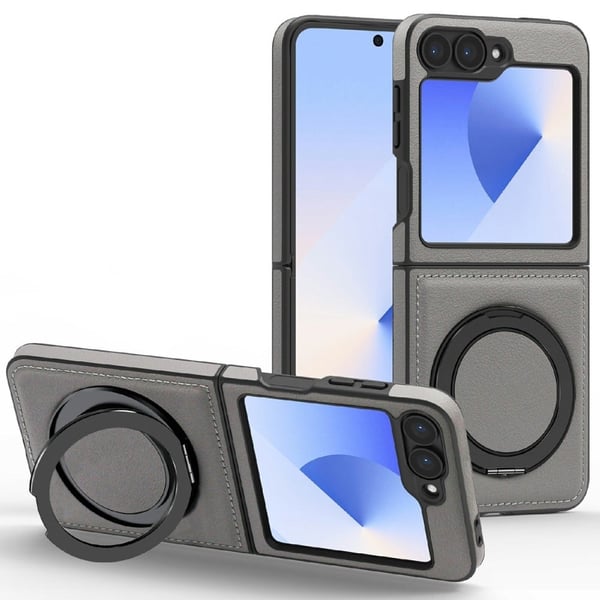 Samsung Galaxy Z Flip6 5G Magnetic Case Rotate Ring Kickstand Vegan Leather and Bump Resistant Back Cover - Titanium Grey