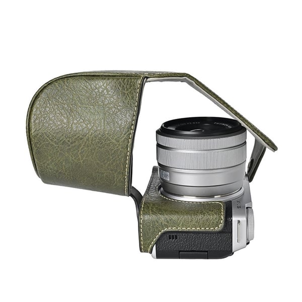 Fujifilm X-M5 Protective Cover Litchi Textured Vegan Leather Camera Case with Shoulder Strap - Green