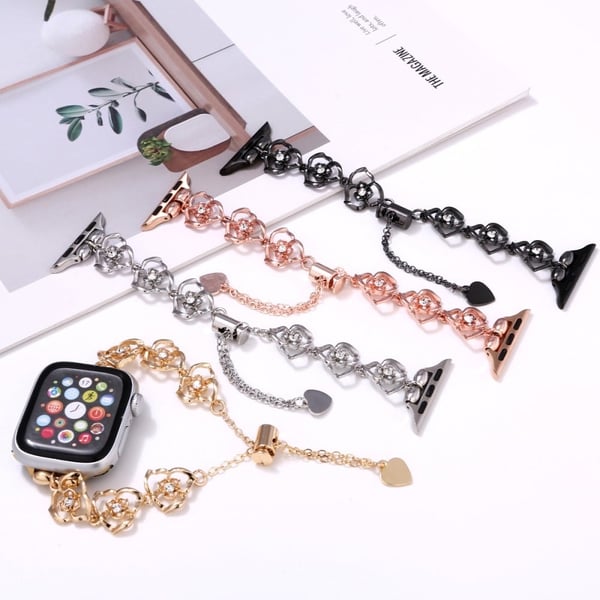 Floral Decor Strap Apple Watch Series 10 42mm Metal Watch Band - Black