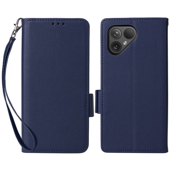 Fairphone 5 Etui Litchi Texture Vegansk Læder Telefoncover med rem - Mørkeblå