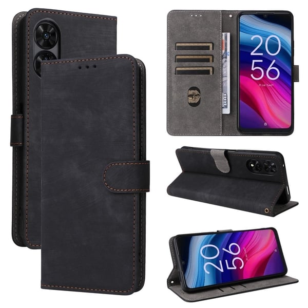 TCL 505 T509K / T5094 Leather Case with Strap RFID Blocking Wallet Phone Cover - Black