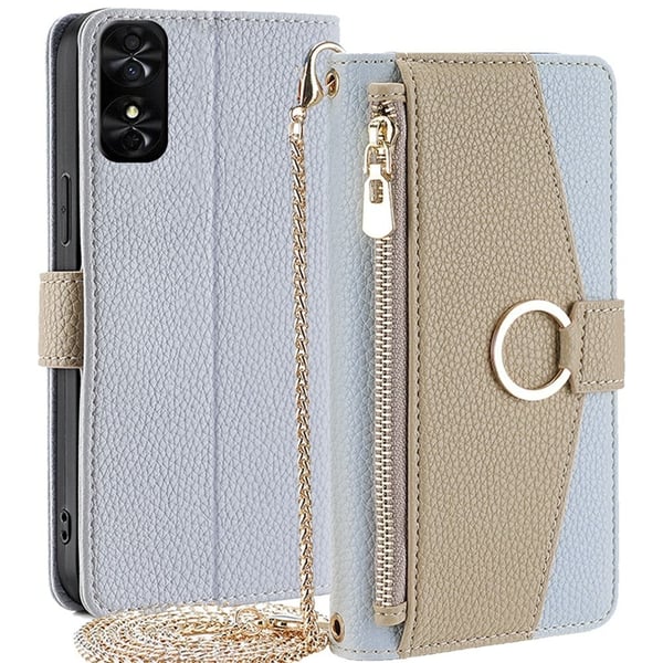 TCL 50 SE Magnetic Phone Case Zipper Purse Stand Crossbody Cover with Chain Lanyard - Blue