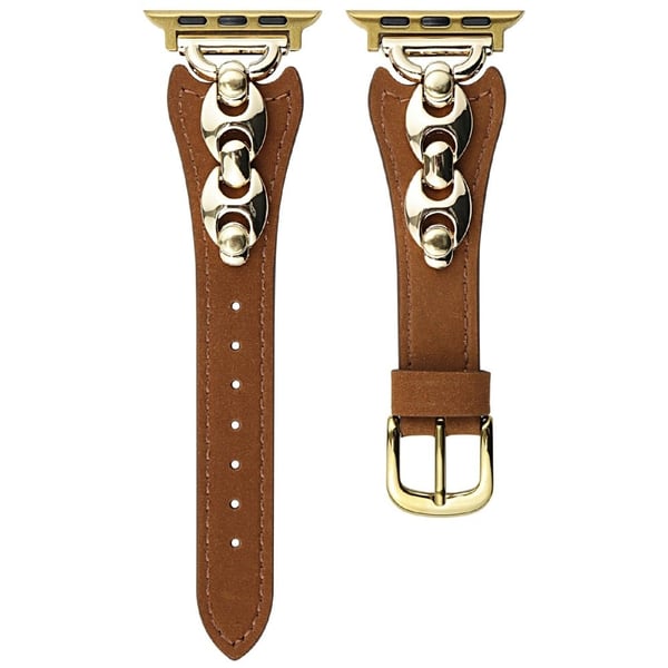 Urrem Apple Watch Series 10 42mm D-formet metalring læderrem - Brun / Guld Urrem Apple Watch Series 10 42mm D-formet metalring læderrem - Brun / Guld