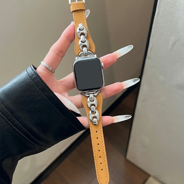 Watch Strap Apple Watch Series 10 46mm D-Shaped Metal Ring Leather Band - Light Brown / Silver