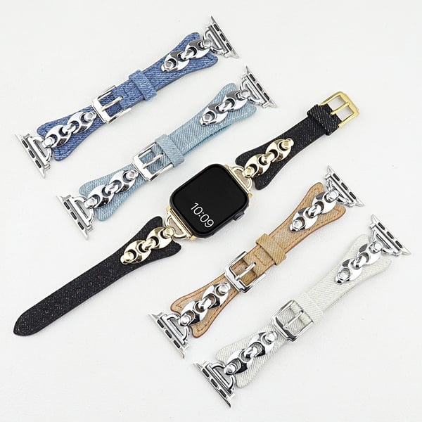 Watch Band Apple Watch Series 10 46mm Metal D-Buckle Denim Leather Strap - Baby Blue / Silver