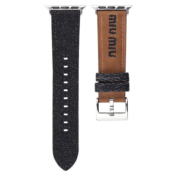 Watch Band Apple Watch Series 10 46mm Embroidered Denim Leather Strap - Brown / Black