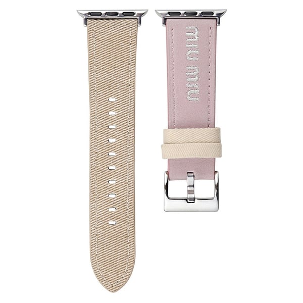 Watch Band Apple Watch Series 10 46mm Embroidered Denim Leather Strap - Pink / Khaki