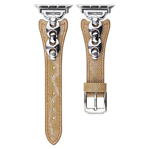 Watch Band Apple Watch Series 10 42mm Metal D-Buckle Denim Leather Strap - Light Brown / Silver