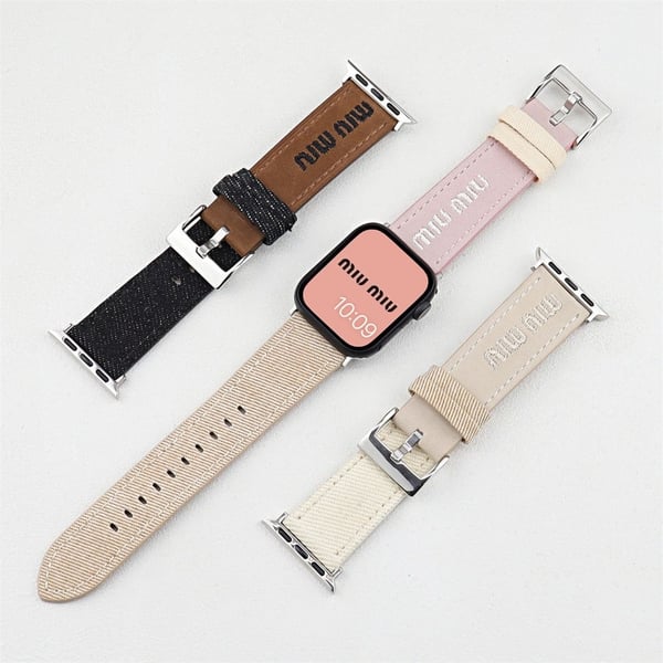 Watch Band Apple Watch Series 10 42mm Embroidered Denim Leather Strap - Brown / Black