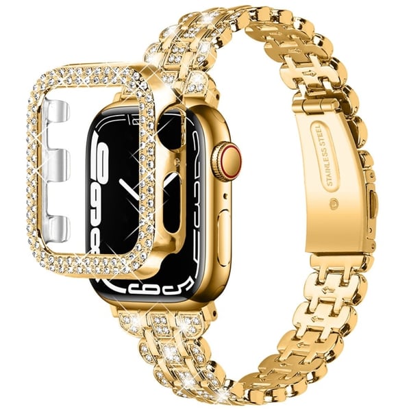 Apple Watch (41 mm) urrem i rustfritt stål med rhinestone-dekor og deksel - Gull
