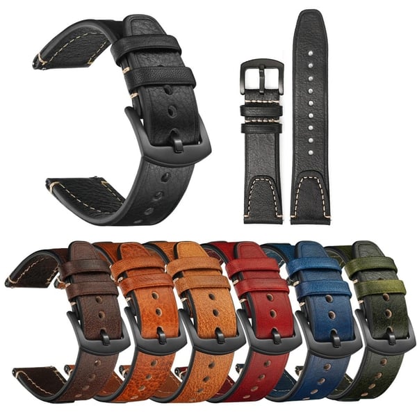 18mm Strap Huawei Watch GT 5 Pro 42mm / GT 5 41mm / Garmin Venu 3S / Forerunner 265S Genuine Cow Leather Watch Band - Black