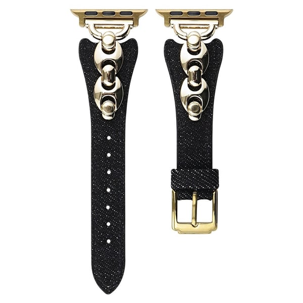 Watch Band Apple Watch Series 10 42mm Metal D-Buckle Denim Leather Strap - Black / Gold