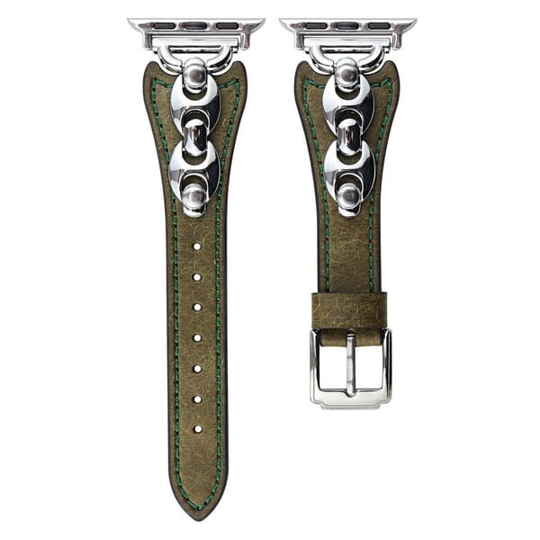 Håndleddsrem Apple Watch Series 49mm - 45mm - 44mm - 42mm D Buckle Genuine Cow Leather Band - Grønn / Sølvspenne