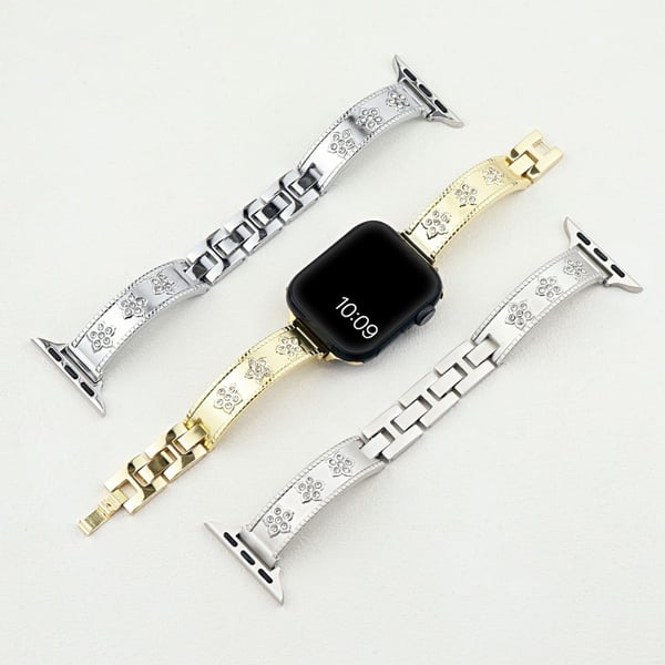 Metal Watch Strap Apple Watch Series 49mm - 45mm - 44mm - 42mm Flower Rhinestone Decor Bracelet Band - Gold