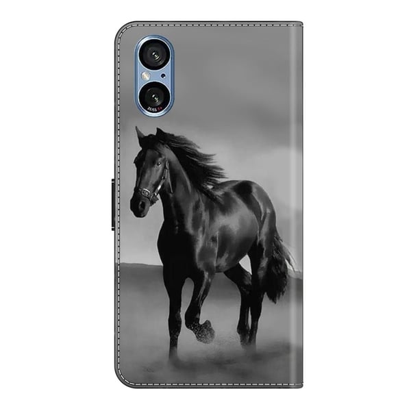 Sony Xperia 5 V Etui med magnetisk lås 3D-mønster Læderpung Telefoncover - Sort Hest