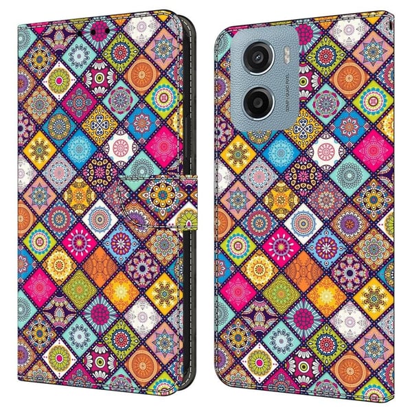 Motorola Moto E15 4G-etui med kortspor mønster trykt fleksibelt + vegansk flip-telefondeksel i lær - Fargerik Lær