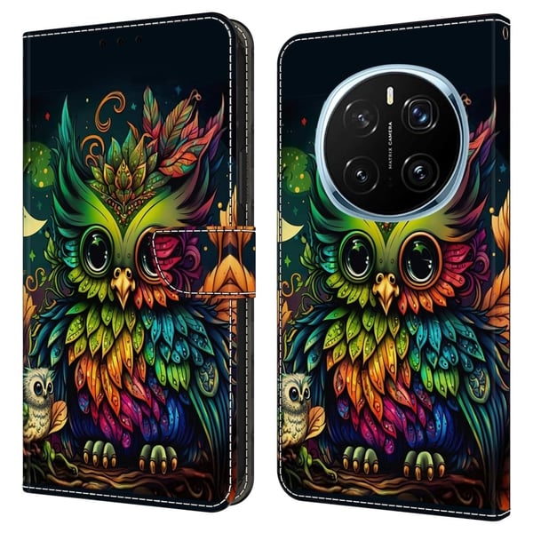 Honor Magic7 Pro 5G-etui med kortspormønster trykt fleksibelt + vegansk flip-telefondeksel i lær - Fargerik Ugle