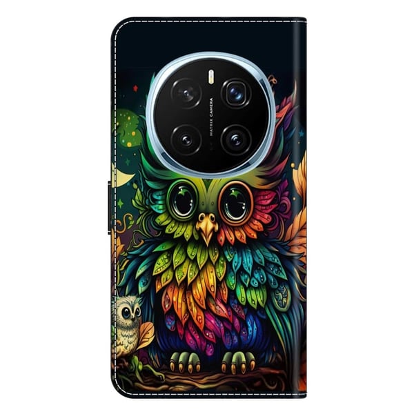Honor Magic7 Pro 5G-etui med kortspormønster trykt fleksibelt + vegansk flip-telefondeksel i lær - Fargerik Ugle