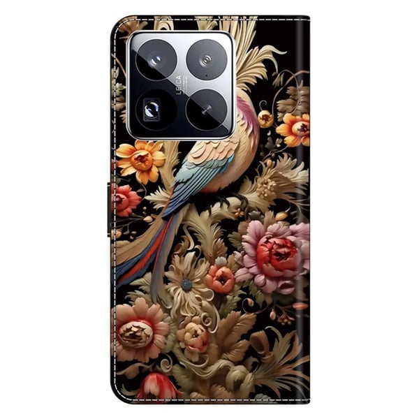 Xiaomi 15 Pro Etui Vegansk lær lommebok telefondeksel med stativ - Vintage-Blomst Og Fugl